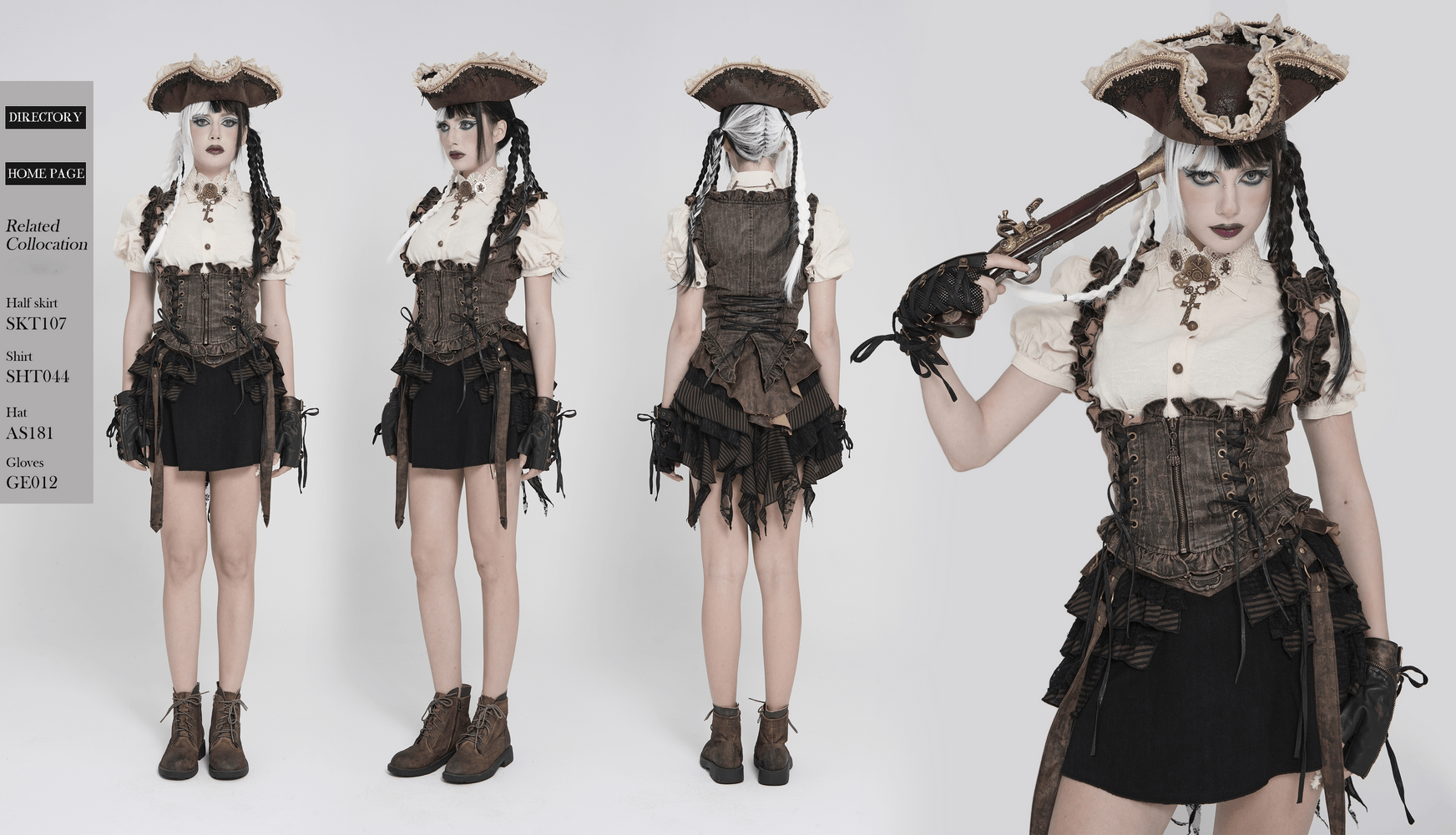 Vintage Lace-Up Waistcoat With Front Zipper Detail showcased in gothic outfit with layered skirt and pirate-inspired accessories.