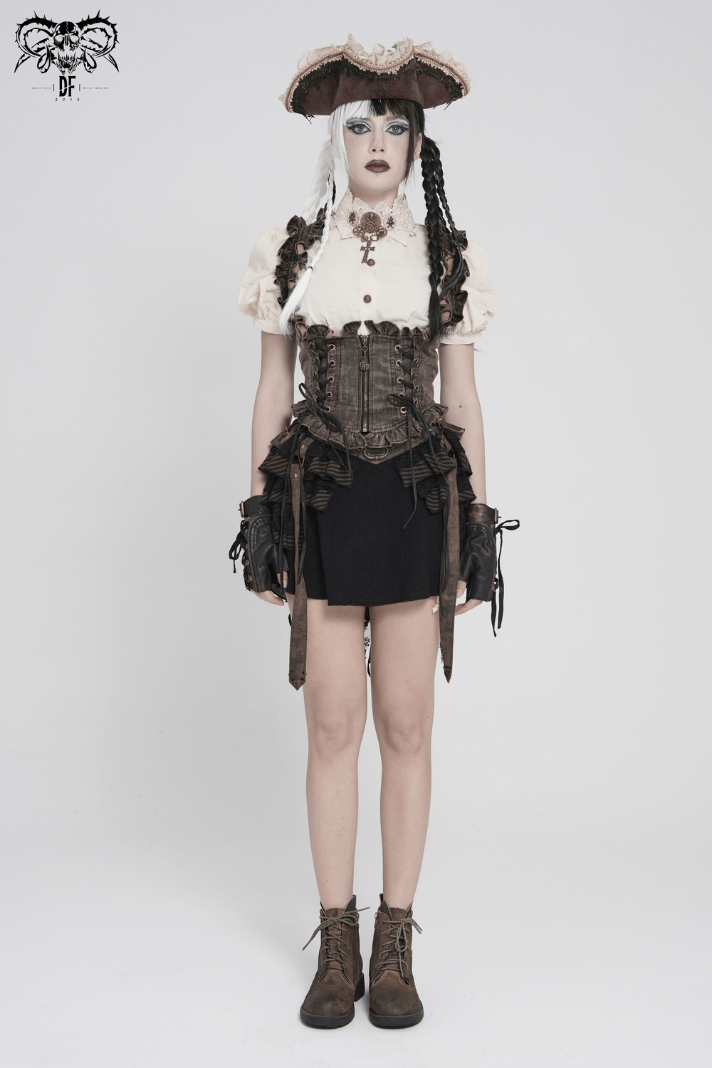 Vintage Lace-Up Waistcoat With Front Zipper Detail paired with a ruffled blouse and steampunk accessories.
