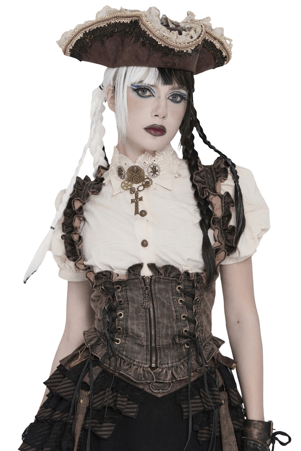 Vintage Lace-Up Waistcoat With Front Zipper Detail worn by model in gothic pirate hat and ruffle trim ensemble.