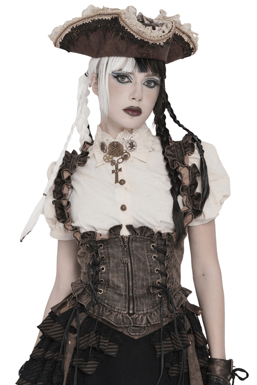 Vintage Lace-Up Waistcoat With Front Zipper Detail