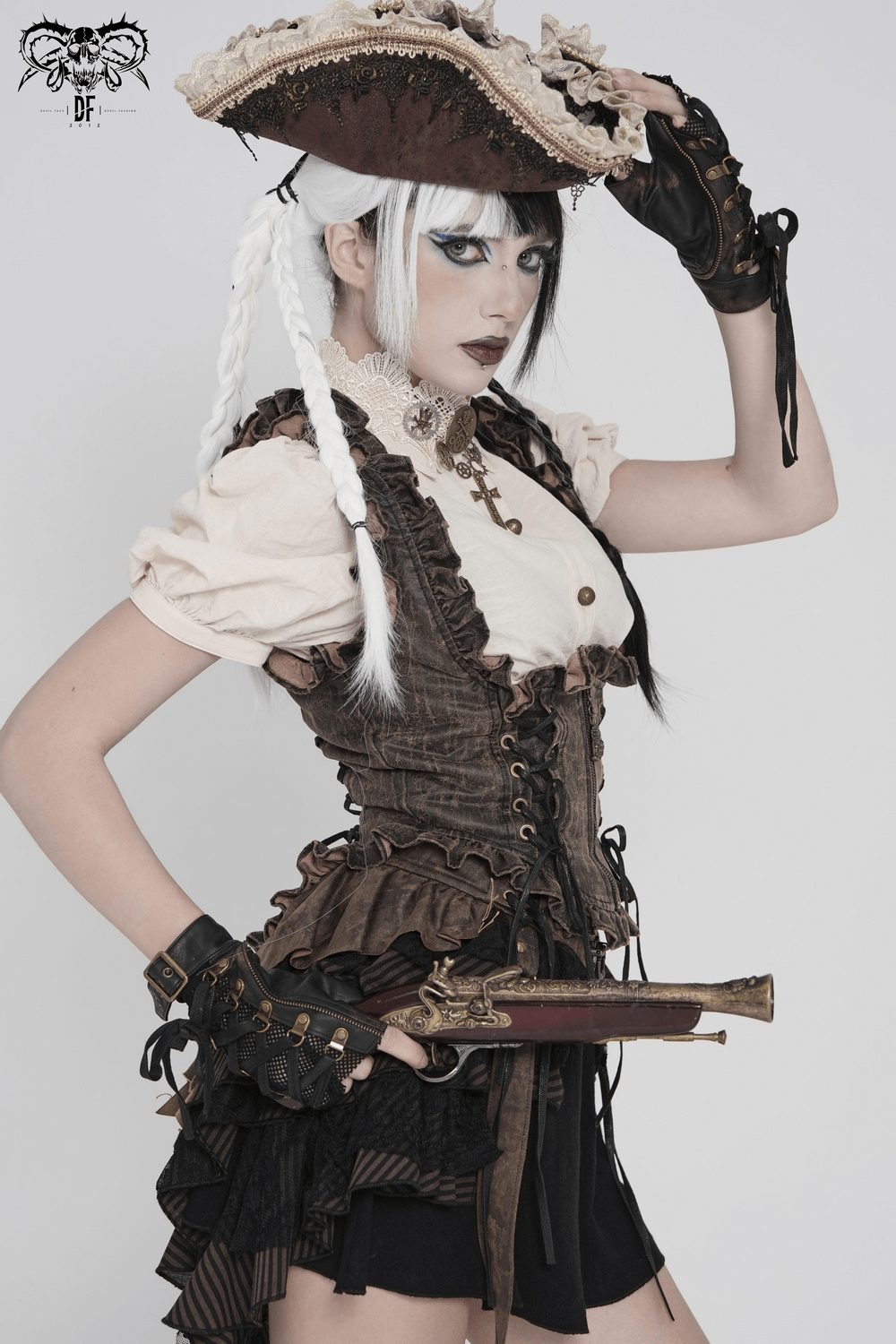 Vintage Lace-Up Waistcoat With Front Zipper Detail styled with gothic accessories and pirate-inspired hat.