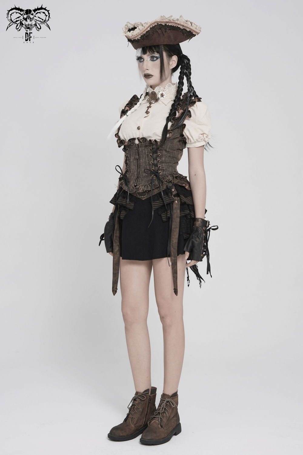 Vintage Lace-Up Waistcoat With Front Zipper Detail styled in gothic pirate fashion, featuring ruffled details and a structured fit.