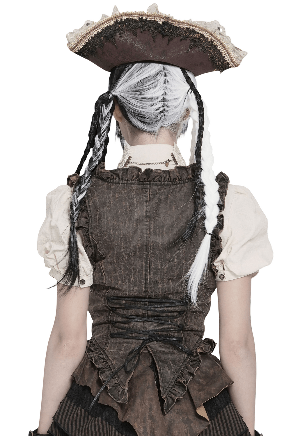 Vintage Lace-Up Waistcoat With Front Zipper Detail shown from the back with ruffle trim and lace-up detailing.