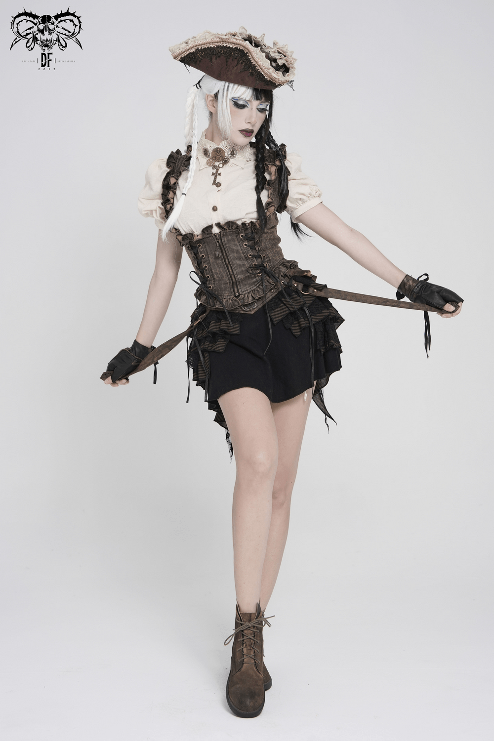 Vintage Lace-Up Waistcoat With Front Zipper Detail styled with a steampunk outfit, featuring ruffle trim and gothic elements.