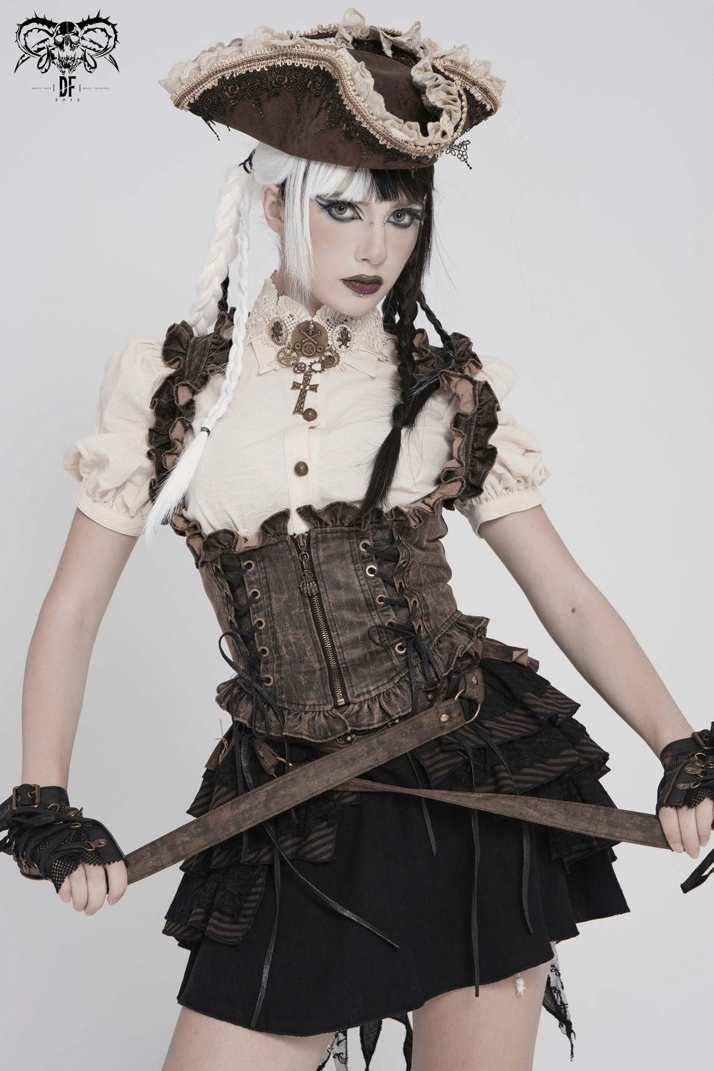 Vintage Lace-Up Waistcoat With Front Zipper Detail modeled with pirate attire, showcasing gothic style and ruffle details.