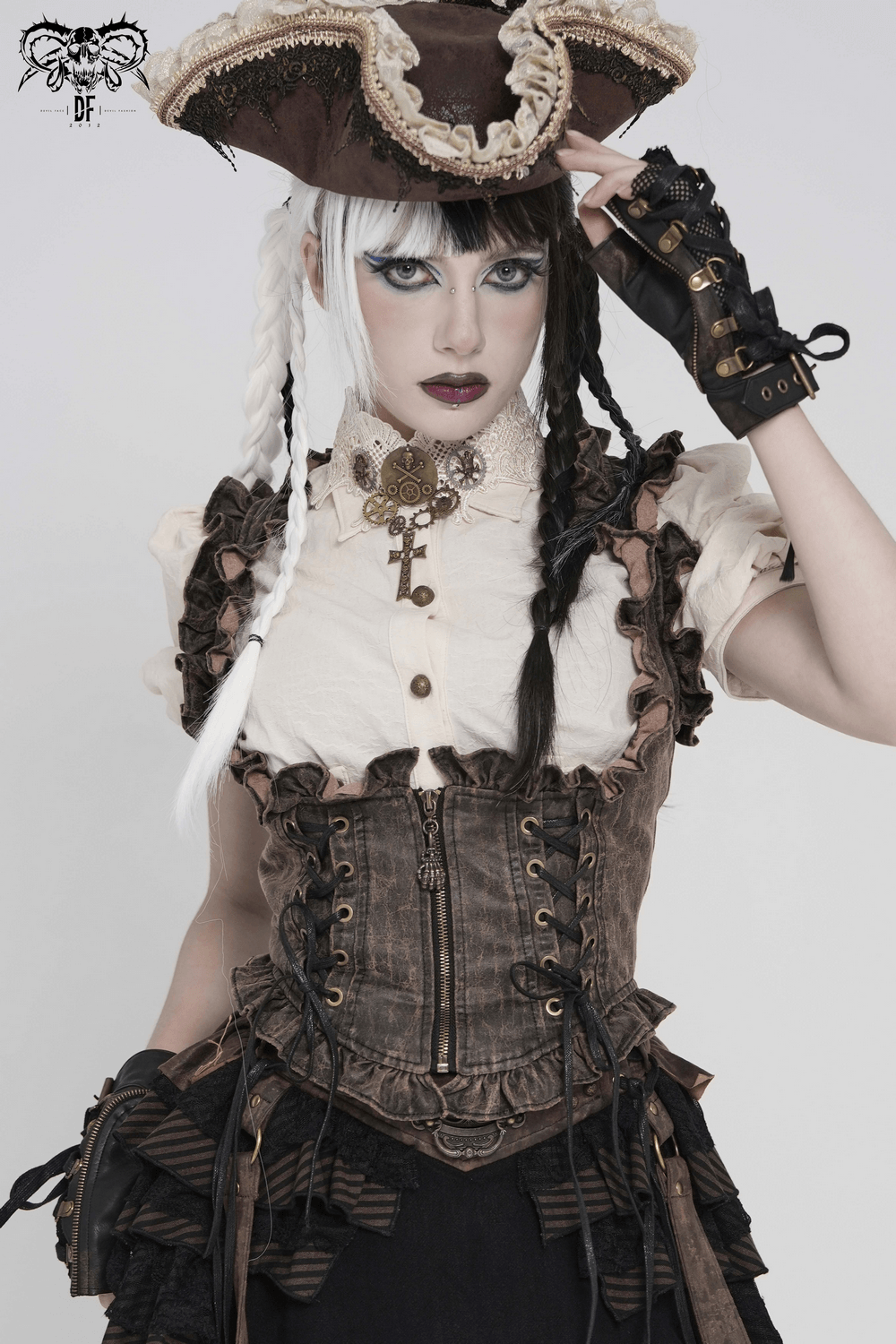 Vintage Lace-Up Waistcoat With Front Zipper Detail modeled with gothic accessories and a pirate-inspired hat.