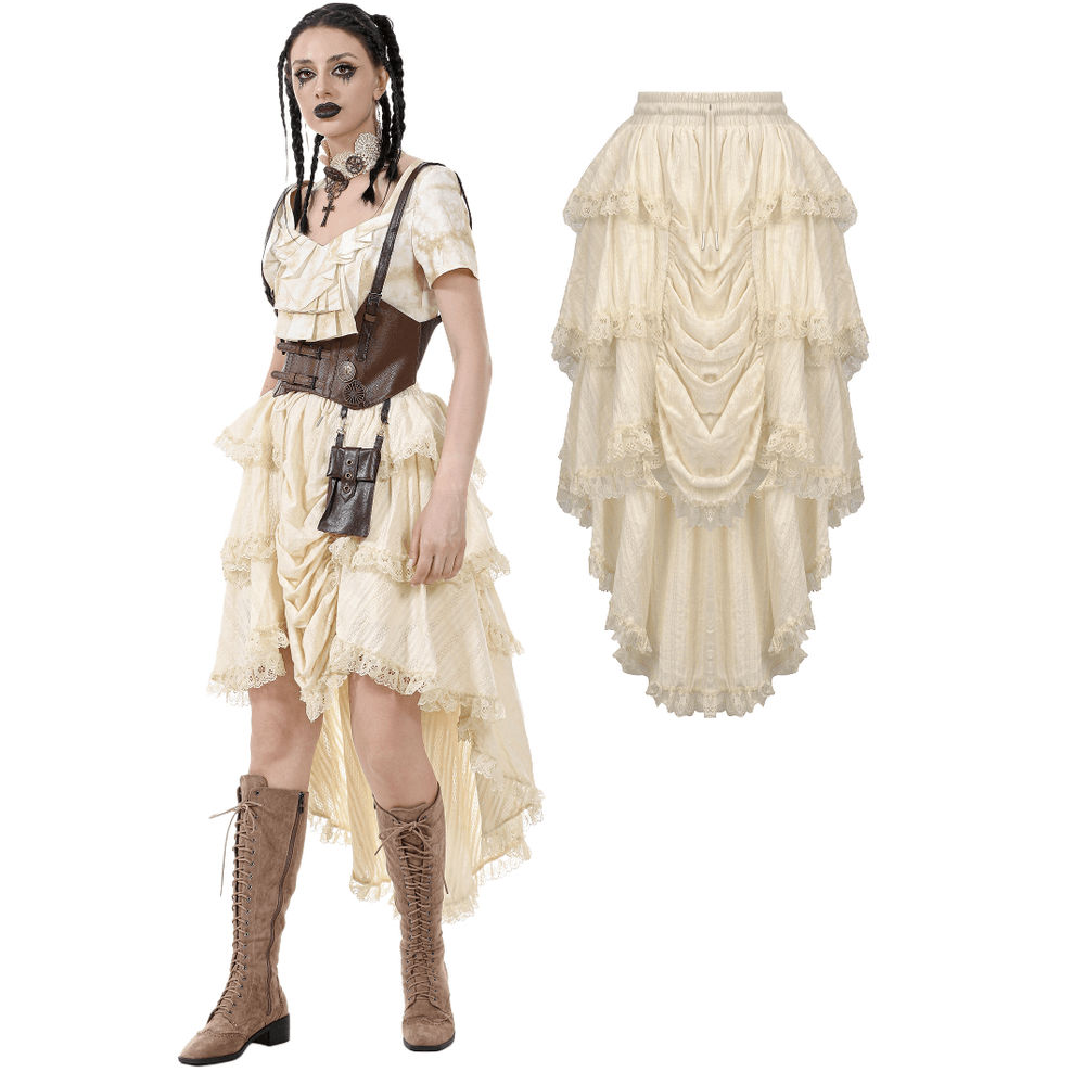 Vintage cream layered ruffle high-low boho skirt with lace trim, perfect for festival and gothic styles.