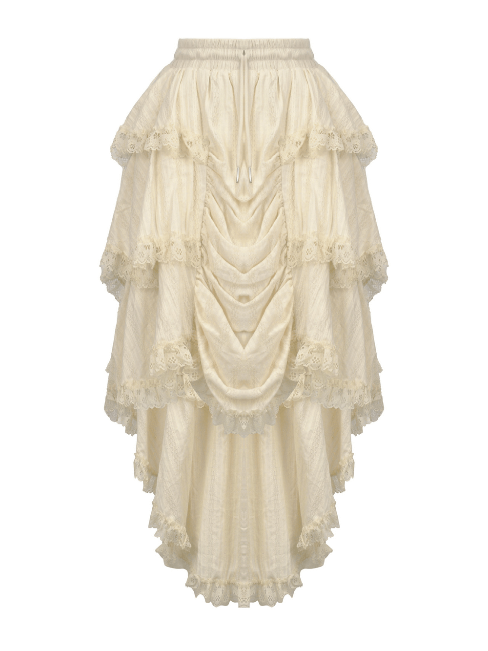 Vintage layered ruffle high-low boho skirt in cream with lace trim and adjustable drawstring, perfect for festival style.