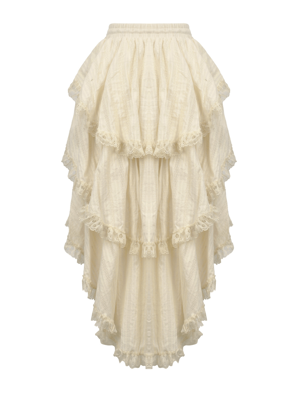 Vintage cream high-low boho skirt with layered ruffles and lace trim, perfect for romantic festival outfits.