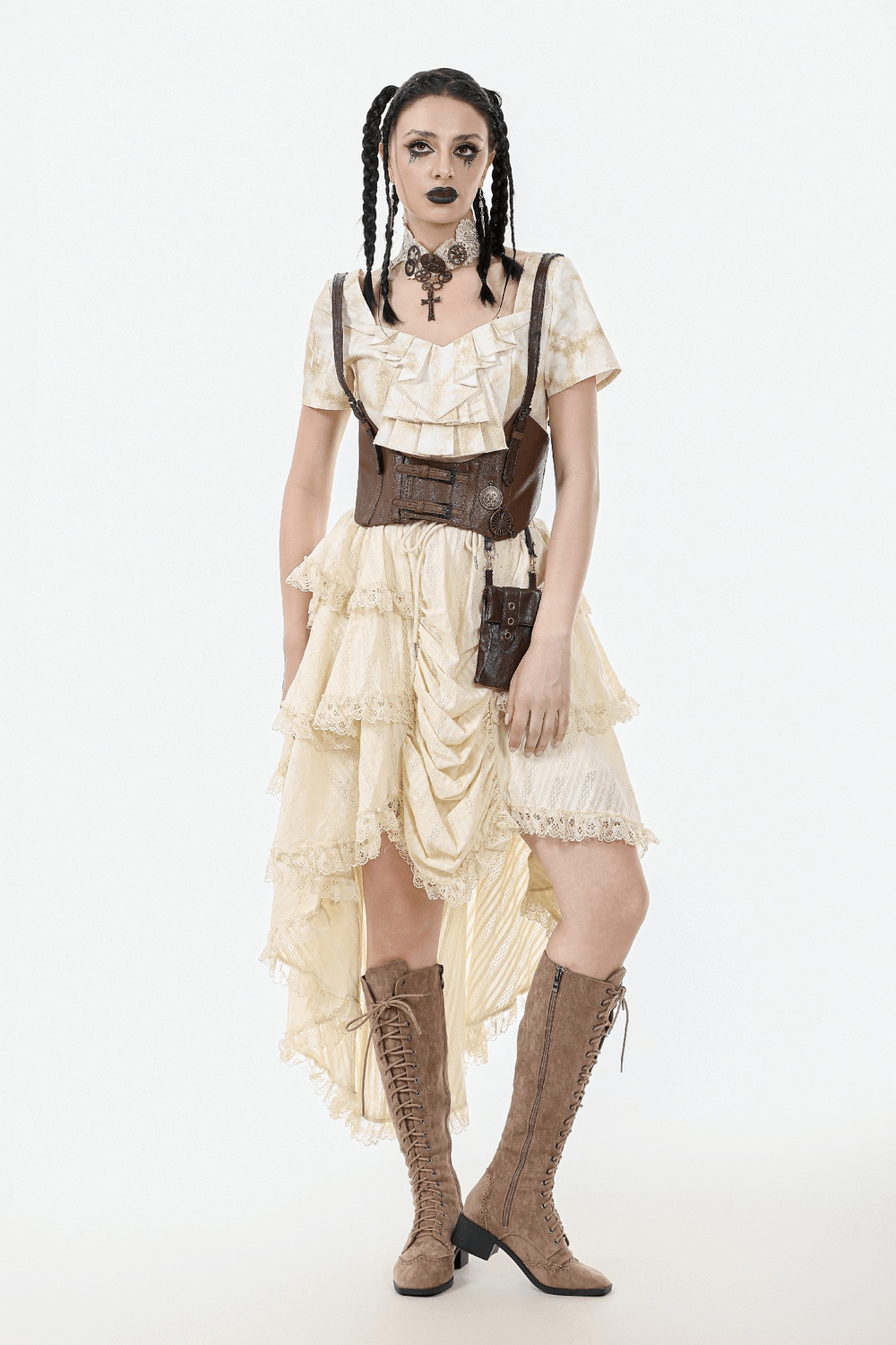 Model in a vintage-inspired layered ruffle high-low boho skirt with lace trim and boots, showcasing a romantic Victorian look.