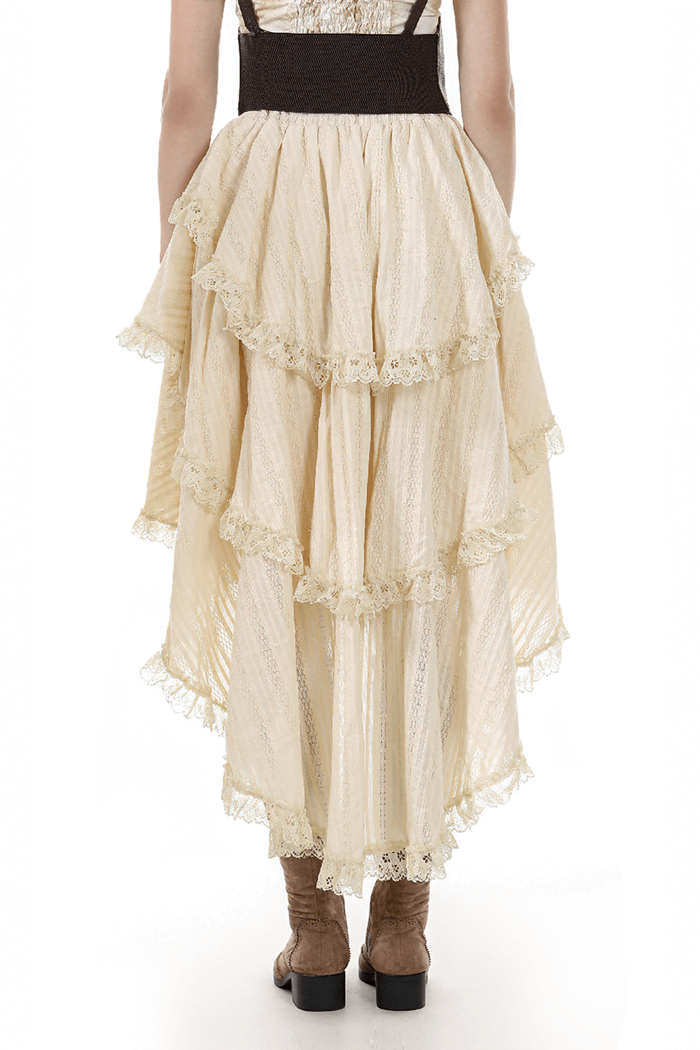 Back view of a vintage layered ruffle high-low boho skirt with lace trim in cream color.