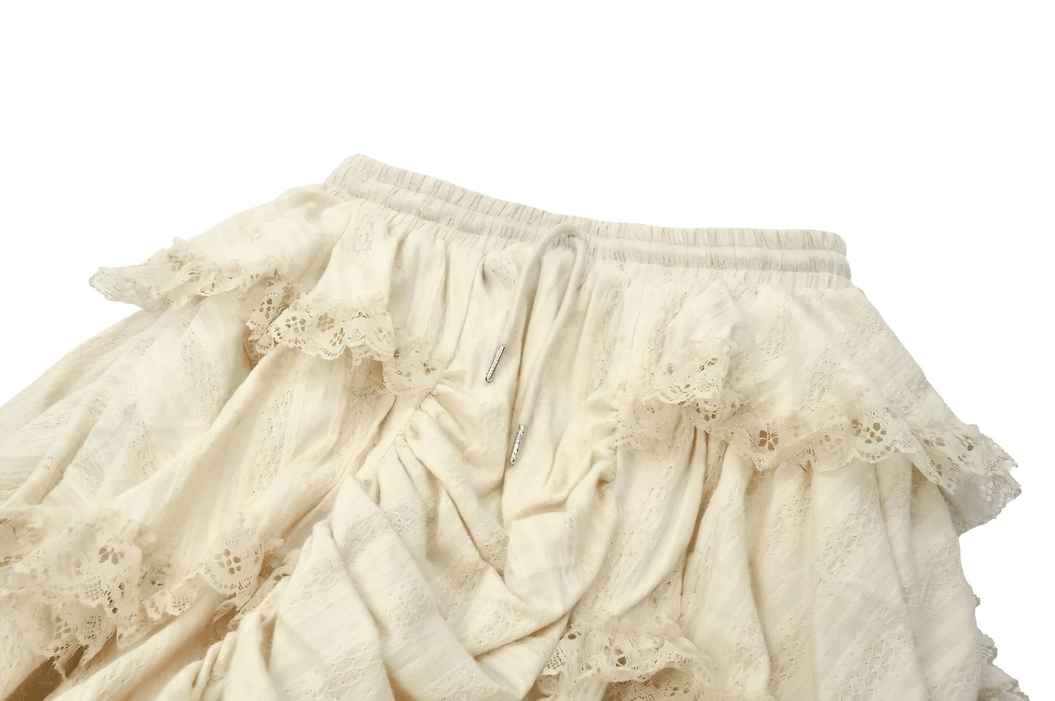 Close-up of a vintage cream boho skirt showcasing layered ruffles and delicate lace trim.