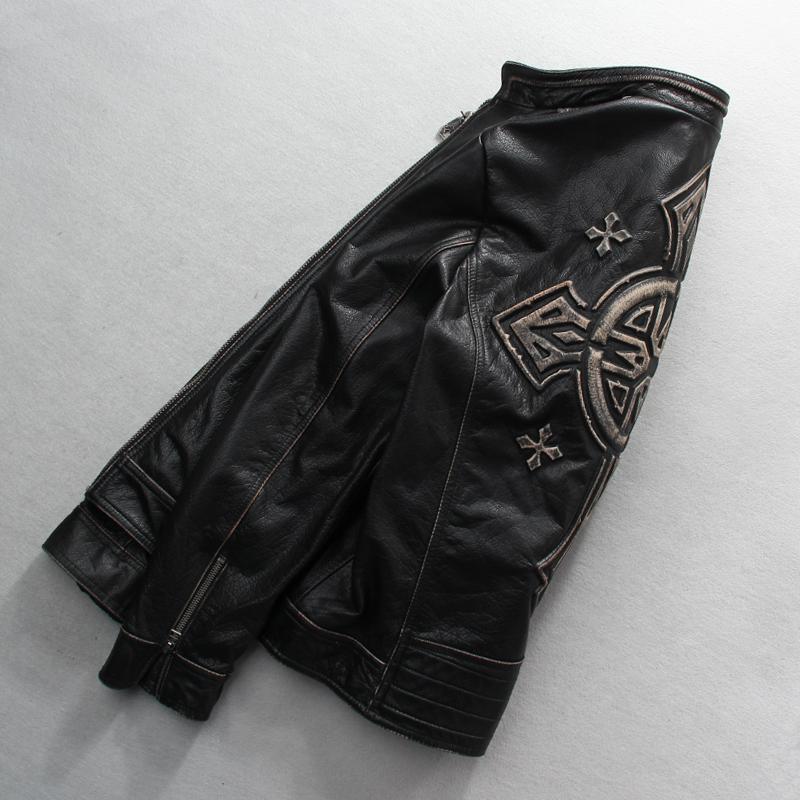 Vintage Leather Biker Jacket With Cross / Retro Black Men Motorcycle Rock Style Jacket / Cowhide - HARD'N'HEAVY