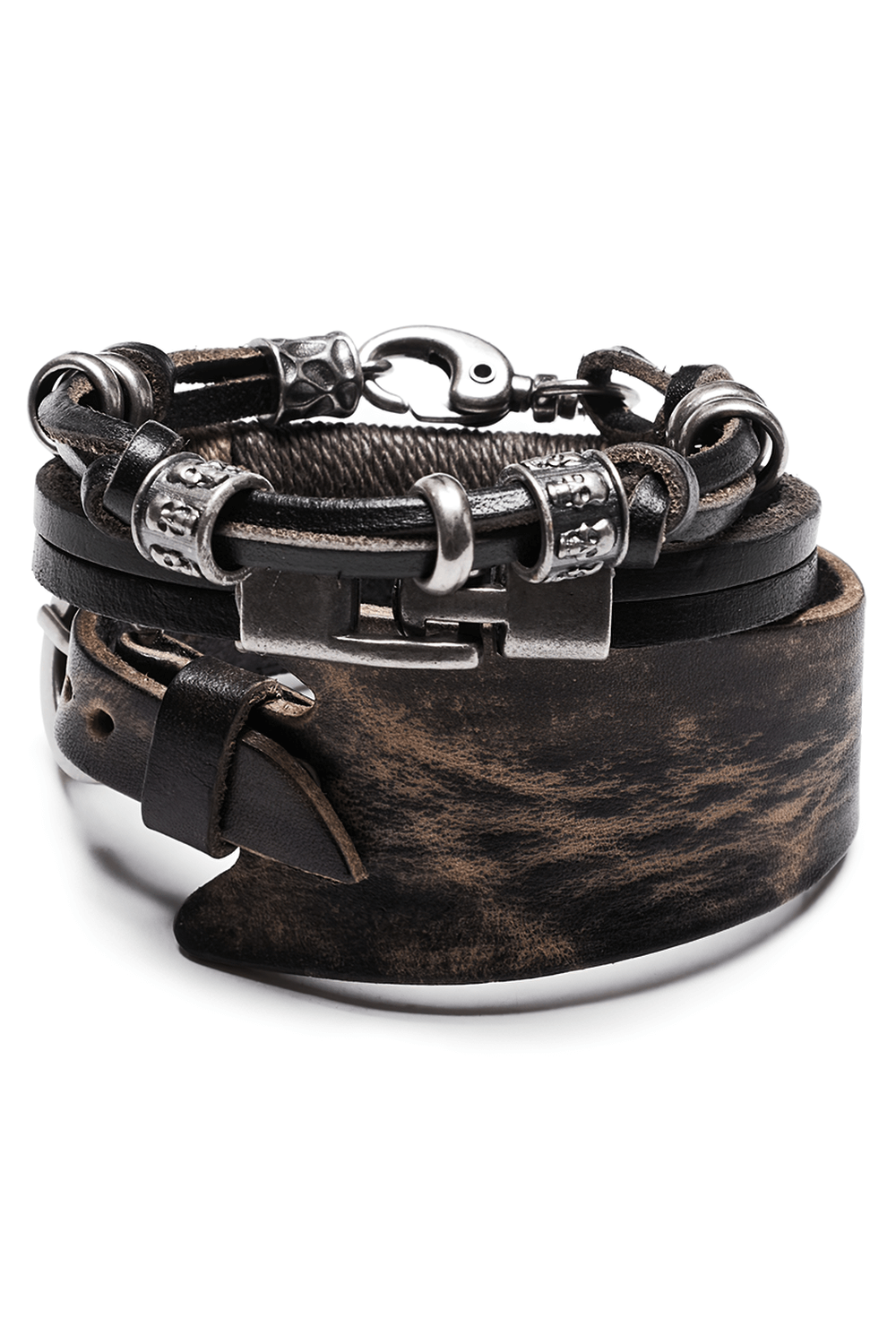 Vintage leather punk bracelet set featuring skull beads and antique bronze accents.