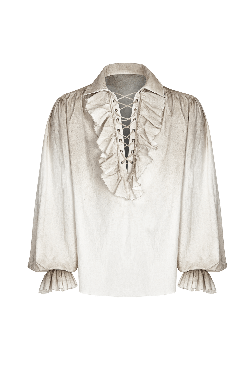 Vintage linen pirate shirt with eyelet lace-up front and ruffled detailing in a retro steampunk style.