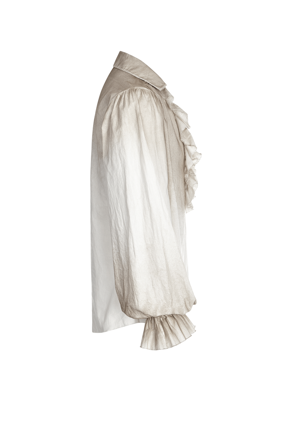 Vintage linen pirate shirt with eyelet lace-up front and ruffled sleeves, perfect for a retro steampunk look.