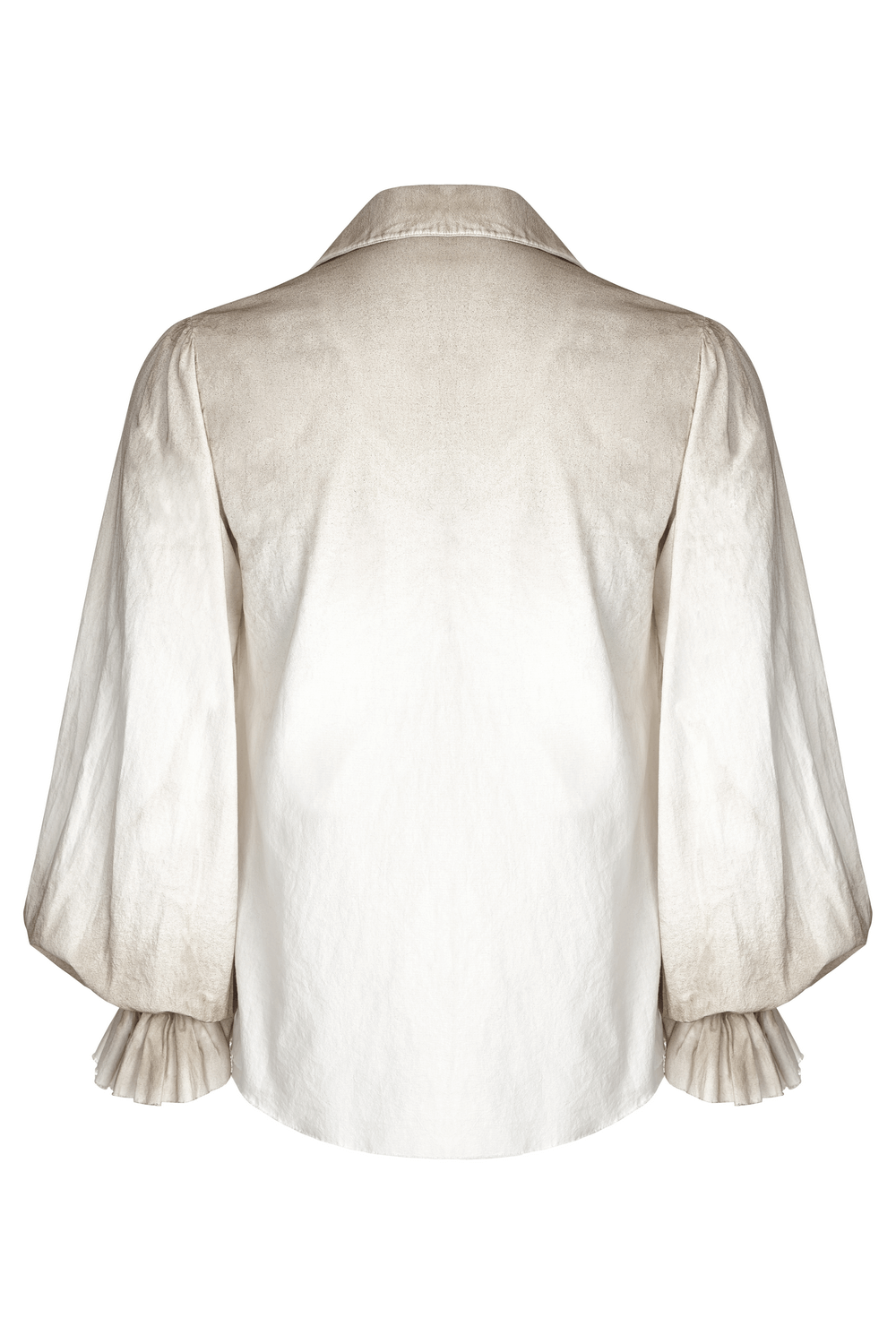 Back view of vintage linen pirate shirt with puffy sleeves and ruffled cuffs in soft neutral tones.