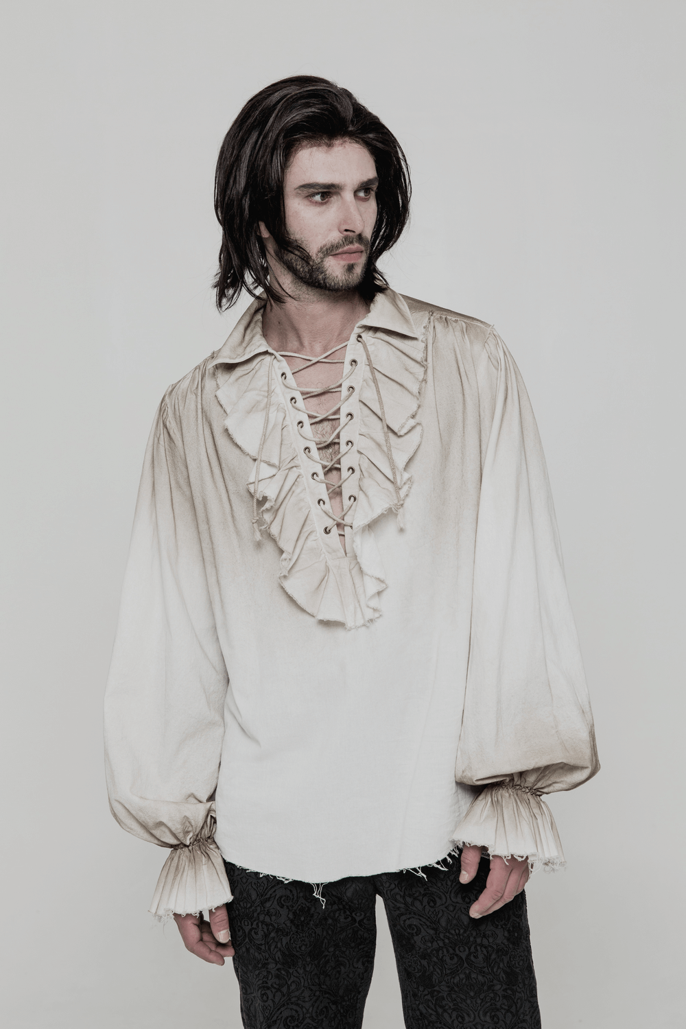 Vintage linen pirate shirt with eyelet lace-up front, perfect for retro steampunk style.