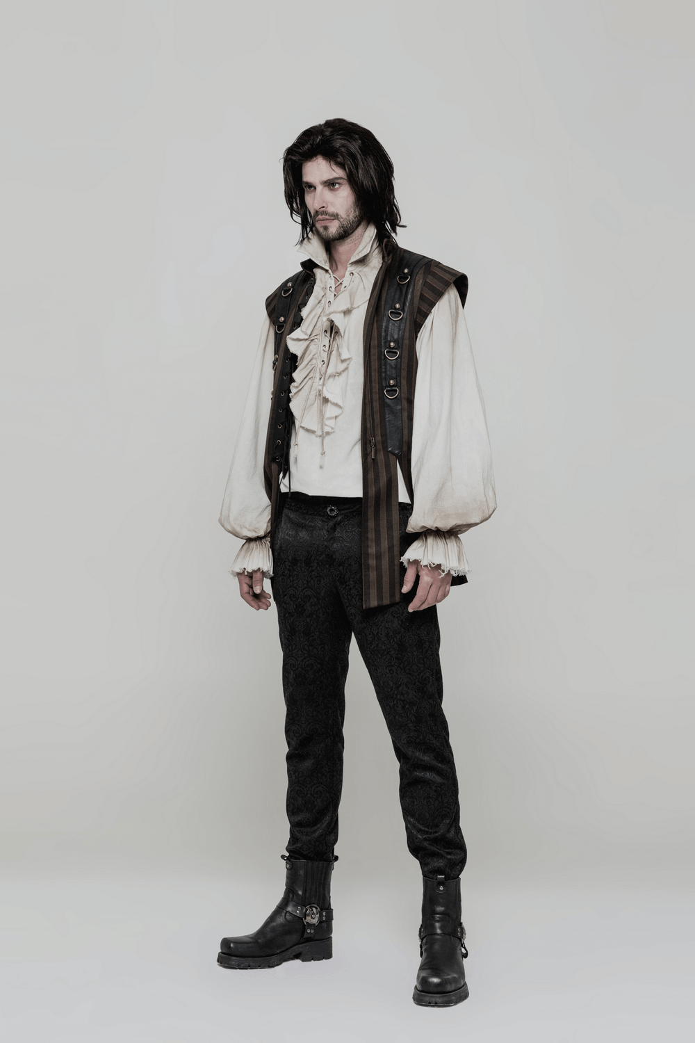 Vibrant vintage linen pirate shirt with eyelet lace-up front, styled for a retro Steampunk look.