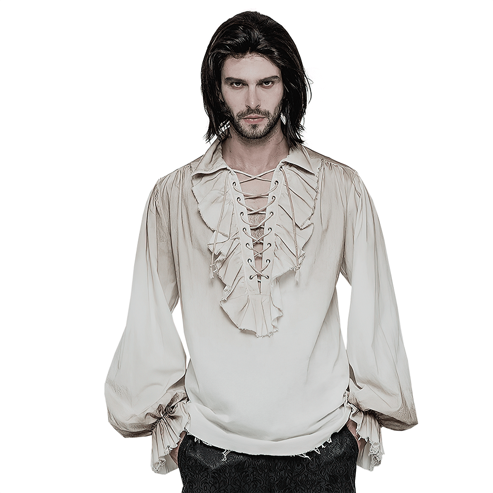 Vintage linen pirate shirt with eyelet lace-up front, perfect for a retro steampunk look.