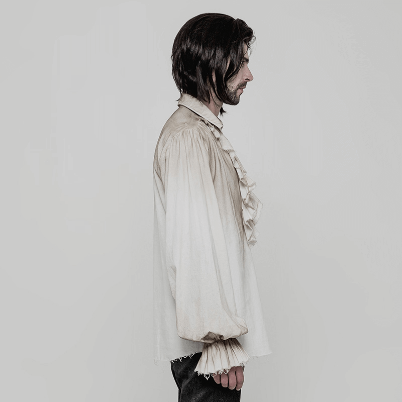 Profile view of a man in a vintage linen pirate shirt with eyelet lace-up front and long sleeves.