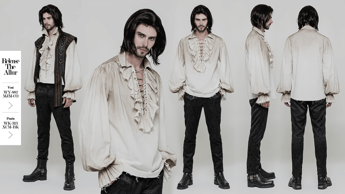 Vintage linen pirate shirt with eyelet lace-up front, showcasing retro steampunk style and long sleeves.