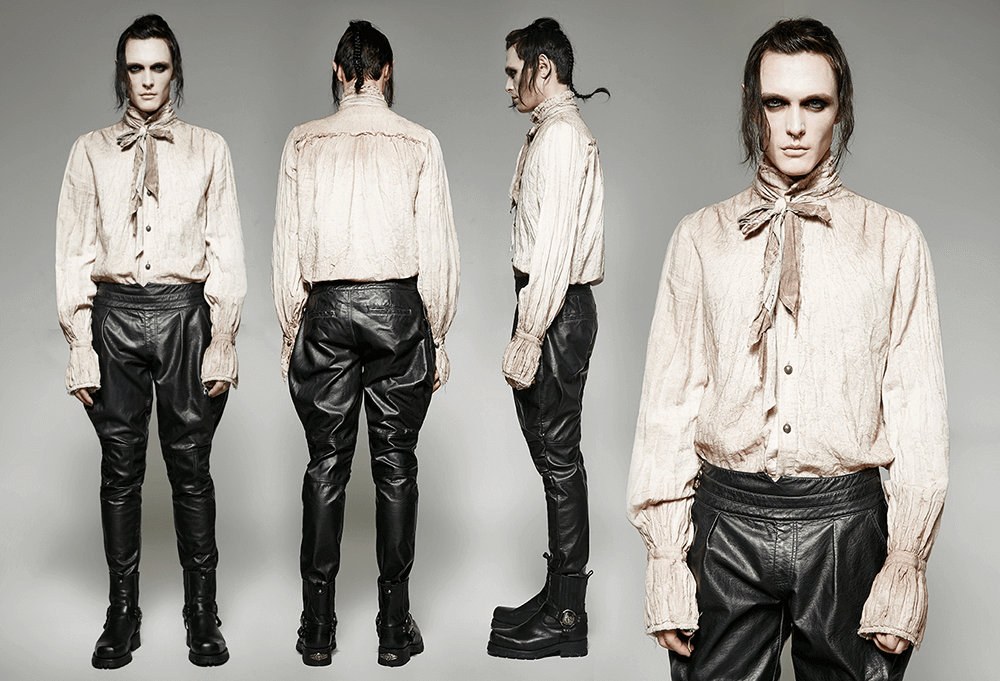 Stylish vintage linen retro tie shirt in a steampunk fashion displayed from multiple angles.