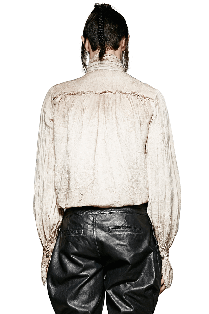 Back view of a vintage linen retro tie shirt, showcasing its steampunk design and comfortable fit.