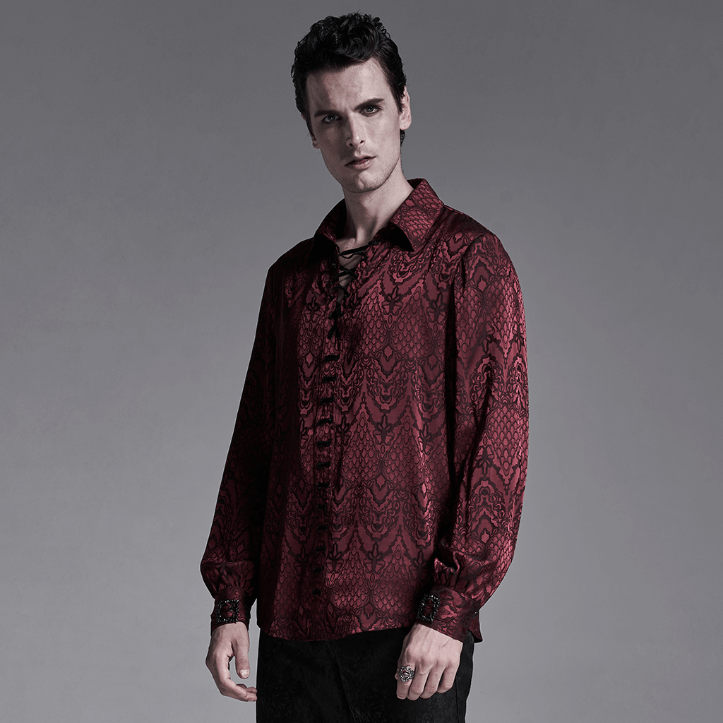 Men's vintage gothic long sleeve shirt featuring laced detail and jacquard fabric in rich burgundy.