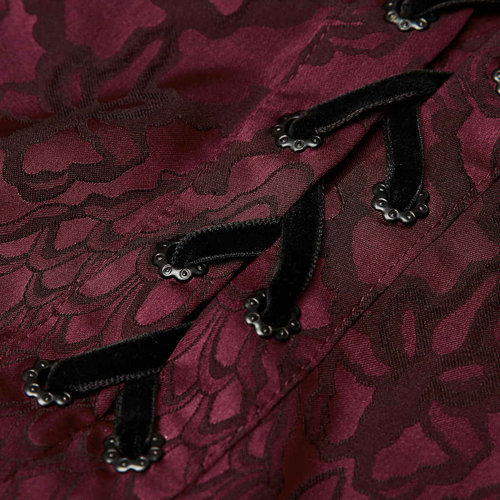 Close-up of vintage gothic lace-up design on men's jacquard shirt, featuring intricate plum blossom patterns.