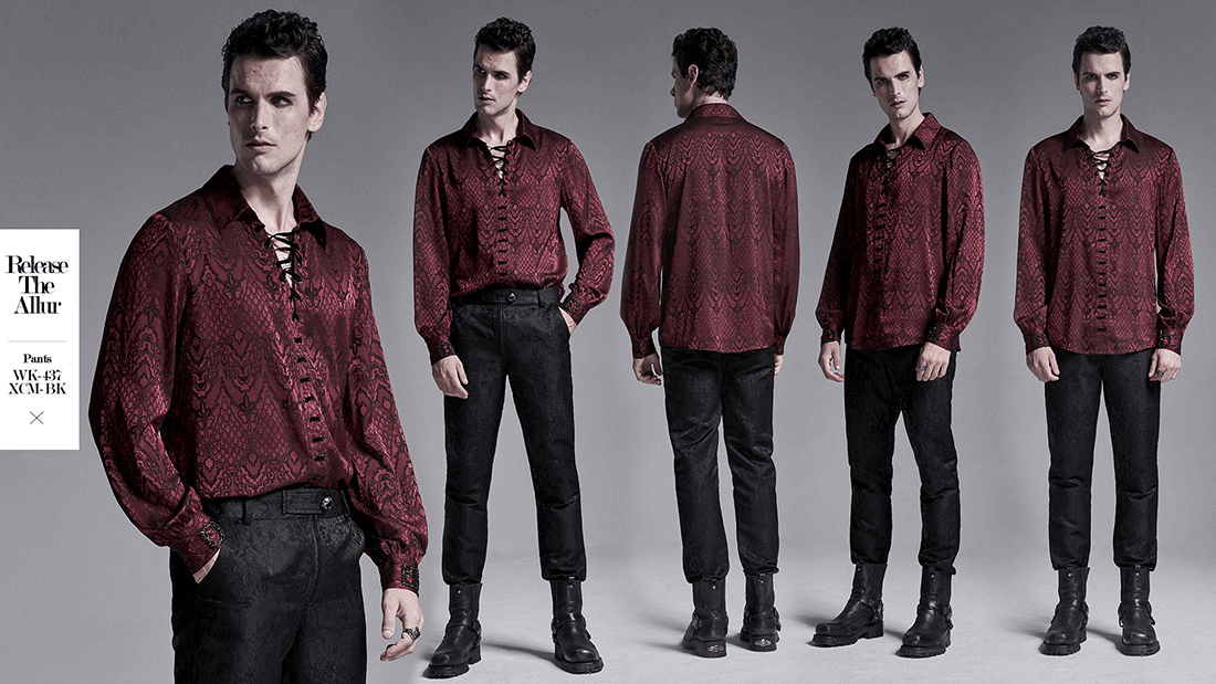 Men's vintage long sleeves lace-up gothic jacquard shirt in dark red with a stylish design.