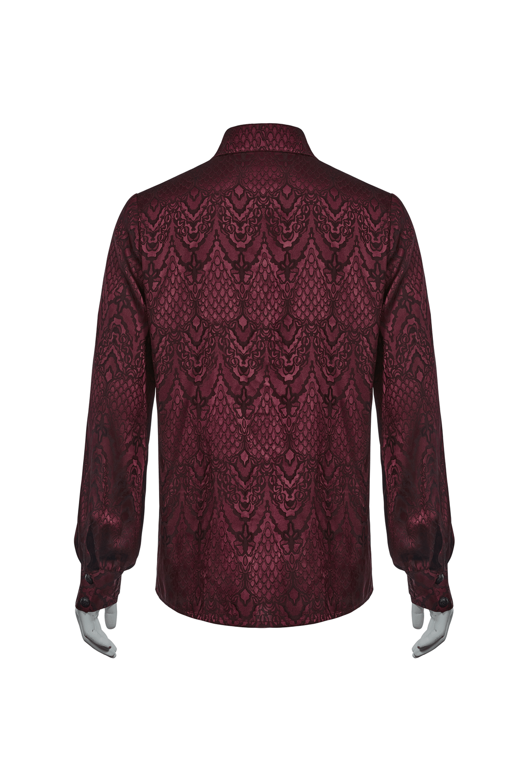 Back view of a men's vintage gothic jacquard shirt in burgundy with intricate lace design and long sleeves.