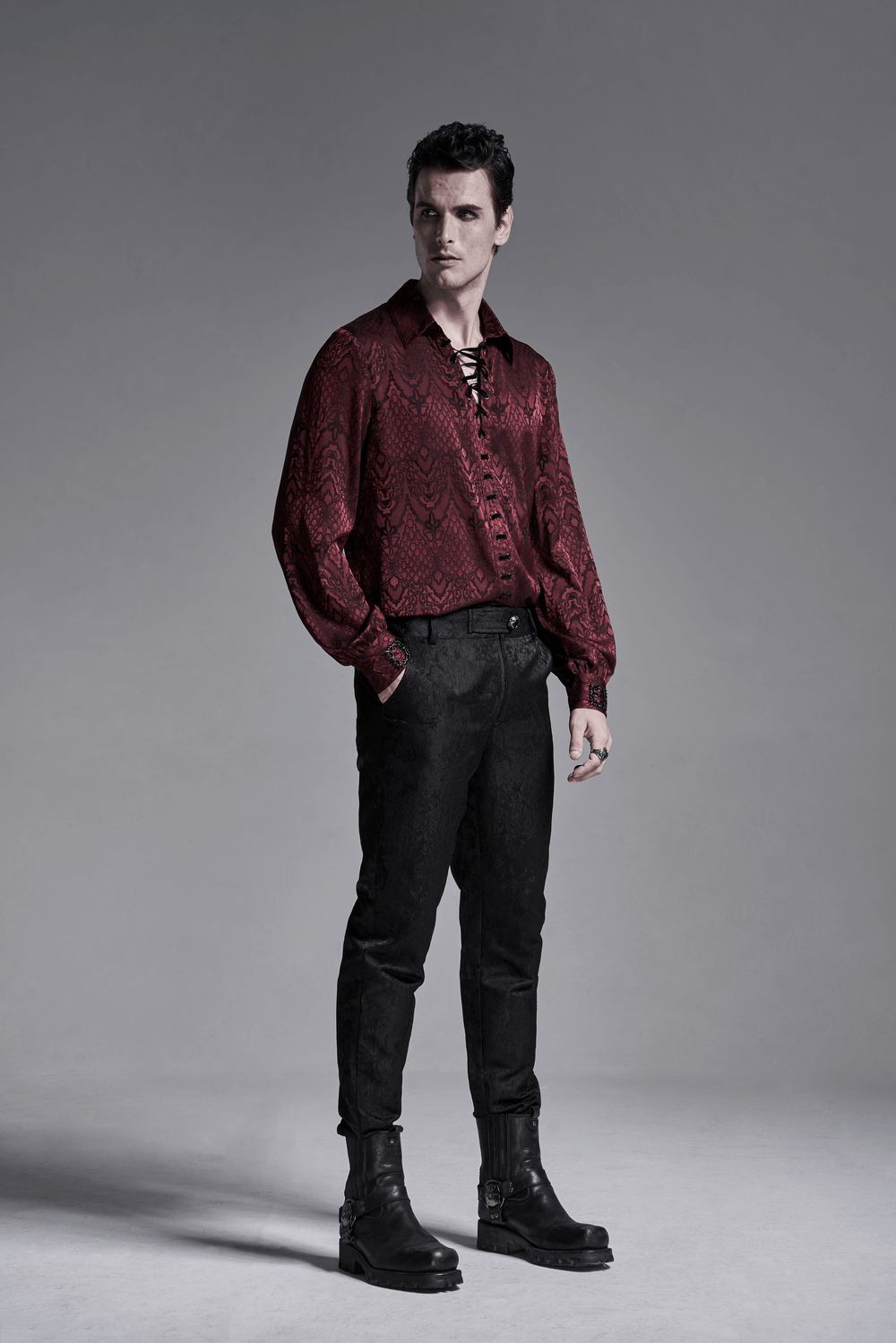Men's vintage lace-up Gothic jacquard shirt in deep red, featuring a stylish collar and bold design.