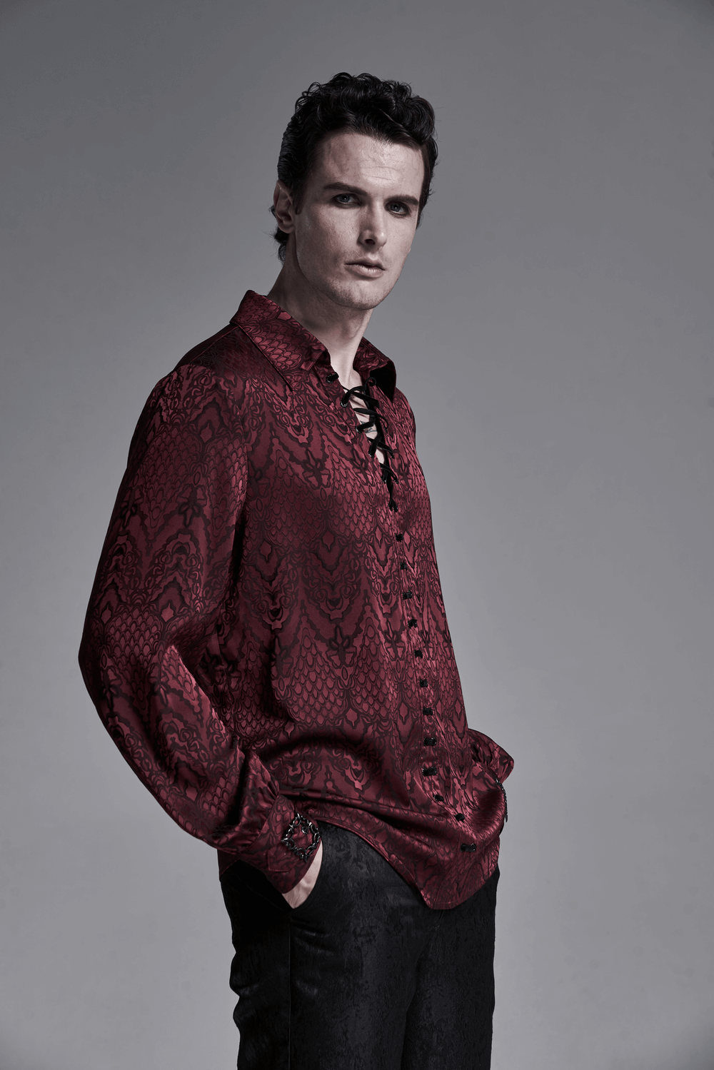 Men's vintage gothic jacquard shirt with lace-up detail in deep red, showcasing dark elegance and retro style.