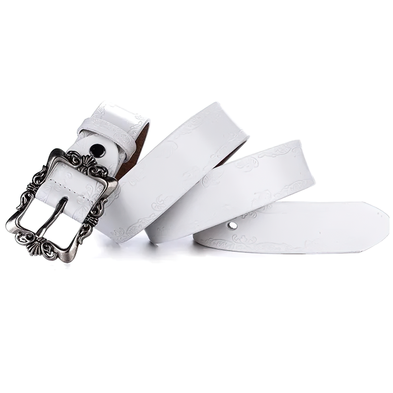 Vintage women's white leather belt with silver engraved buckle, perfect for adding style to jeans.