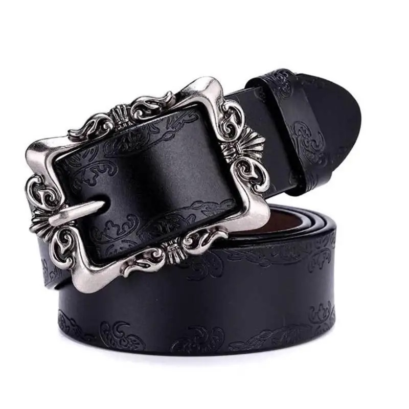 Vintage luxury women's genuine leather belt with ornate silver buckle, perfect for adding style to any outfit.
