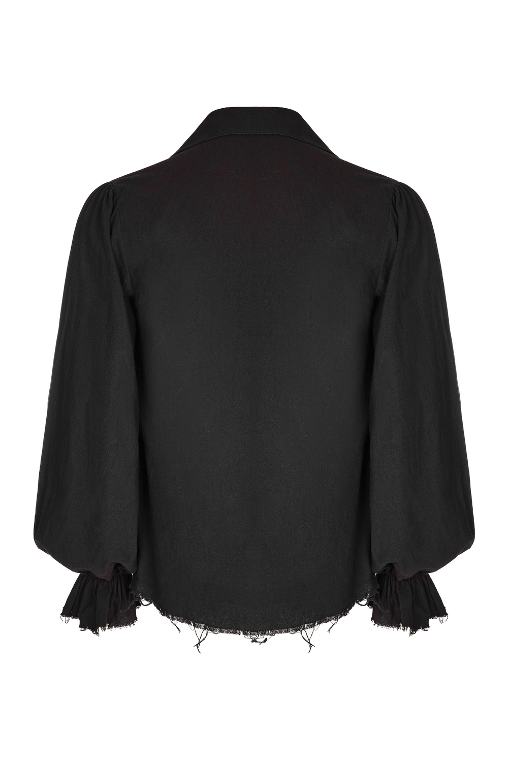 Back view of a vintage men's gothic long sleeve shirt with ruffled cuffs and relaxed fit, perfect for steampunk style.