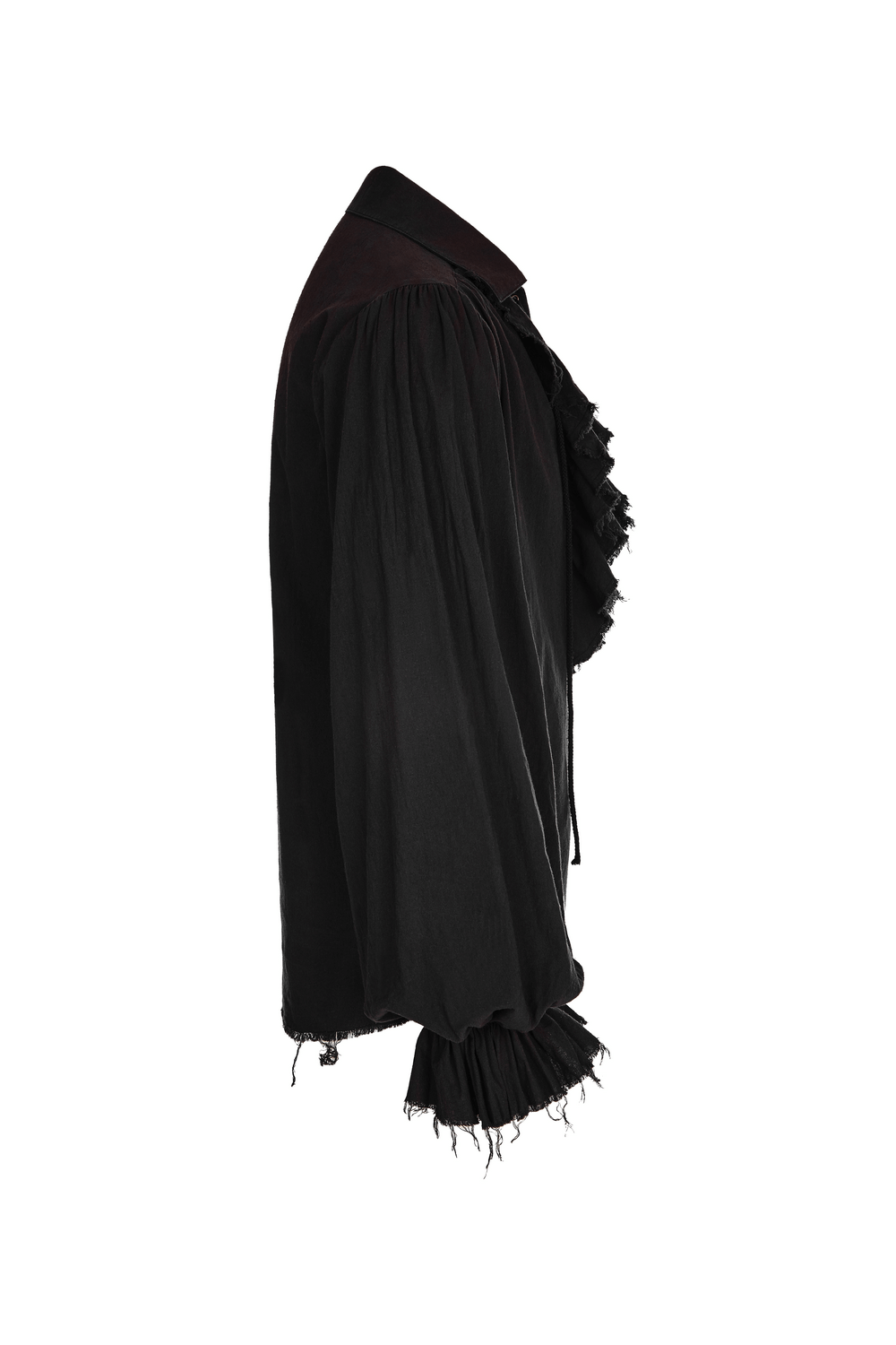 Vintage men's black Gothic long sleeve shirt with ruffle front and distressed cuffs, perfect for steampunk style.