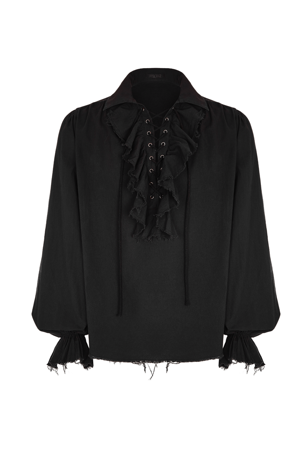 Vintage Gothic long sleeve shirt with ruffle front, lace-up details, and distressed cuffs, perfect for steampunk style.