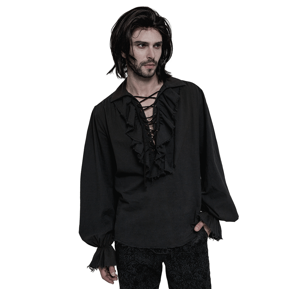 Vintage men's Gothic long sleeve shirt with ruffle front, steampunk style, distressed cuffs, and lace-up design.