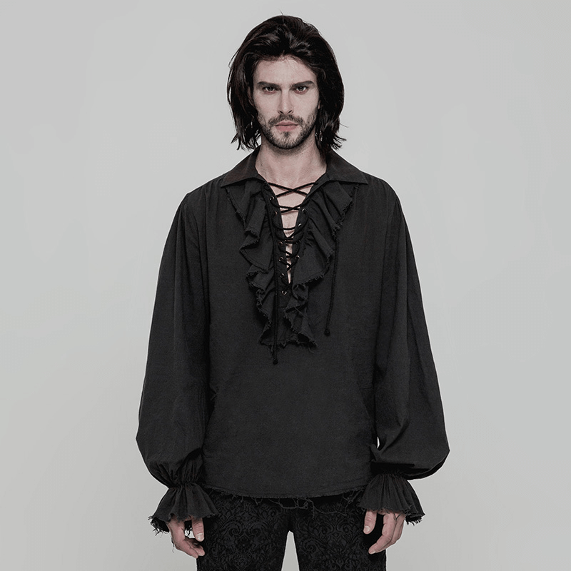 Vintage men's Gothic shirt with ruffle front and lace-up detailing, perfect for steampunk style.
