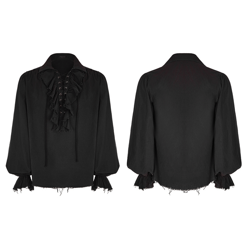 Vintage men's long sleeve gothic shirt with ruffle front and lace-up details in black.