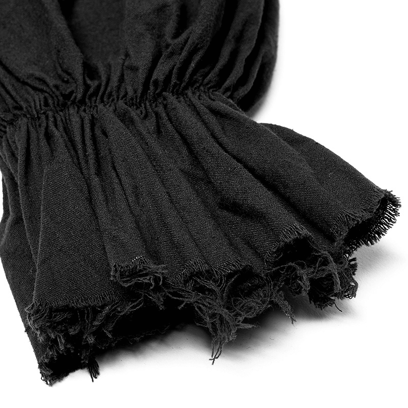 Distressed black cuff detail of a Vintage Men's Gothic shirt, showcasing unique texture and steampunk style.