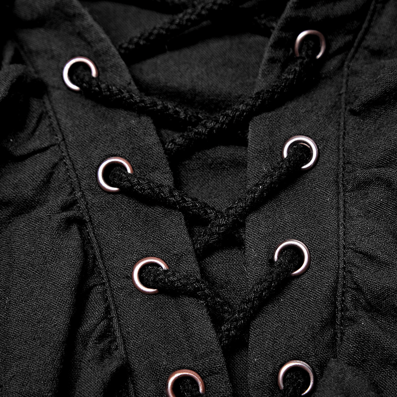 Close-up of the lace-up detailing on a vintage Gothic shirt, featuring eyelets and soft black fabric.