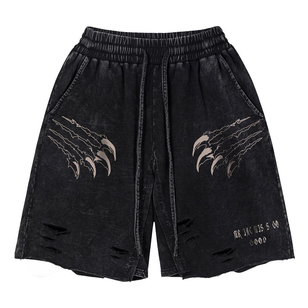 Vintage Men's Scratch Graphic Shorts with Hole / Loose Male Ripped Shorts - HARD'N'HEAVY