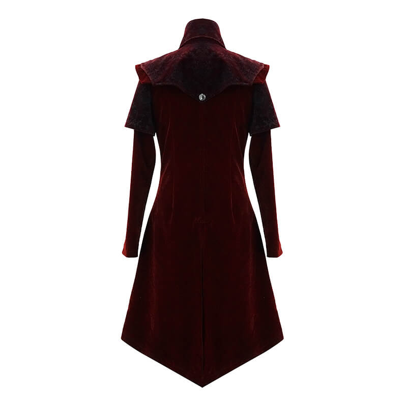 Back view of a vintage men's wine red velvet coat with gothic style and cross zipper accents.