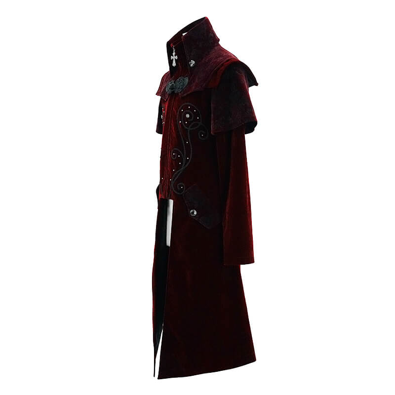 Vintage Men's Wine Red Long Velvet Coat / Gothic Coats with Zipper Front With Cross Accents - HARD'N'HEAVY