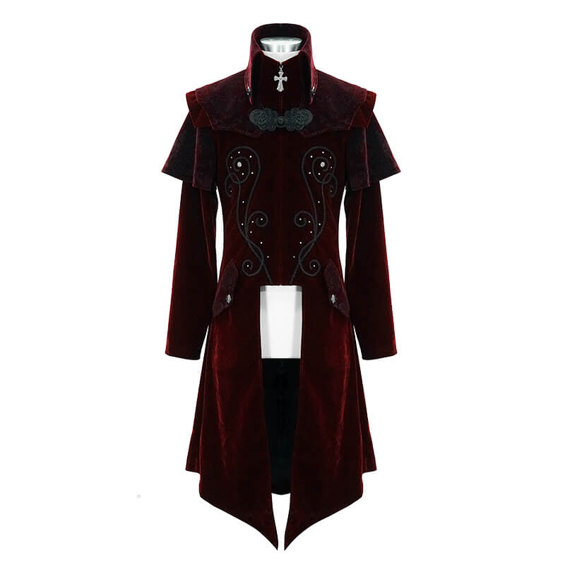 Vintage men's wine red velvet coat with gothic design and zipper front, featuring stylish cross accents.