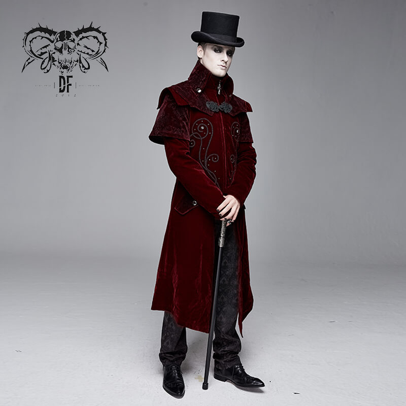 Vintage men's wine red velvet coat with cross zipper accents, showcasing gothic fashion style and elegance.