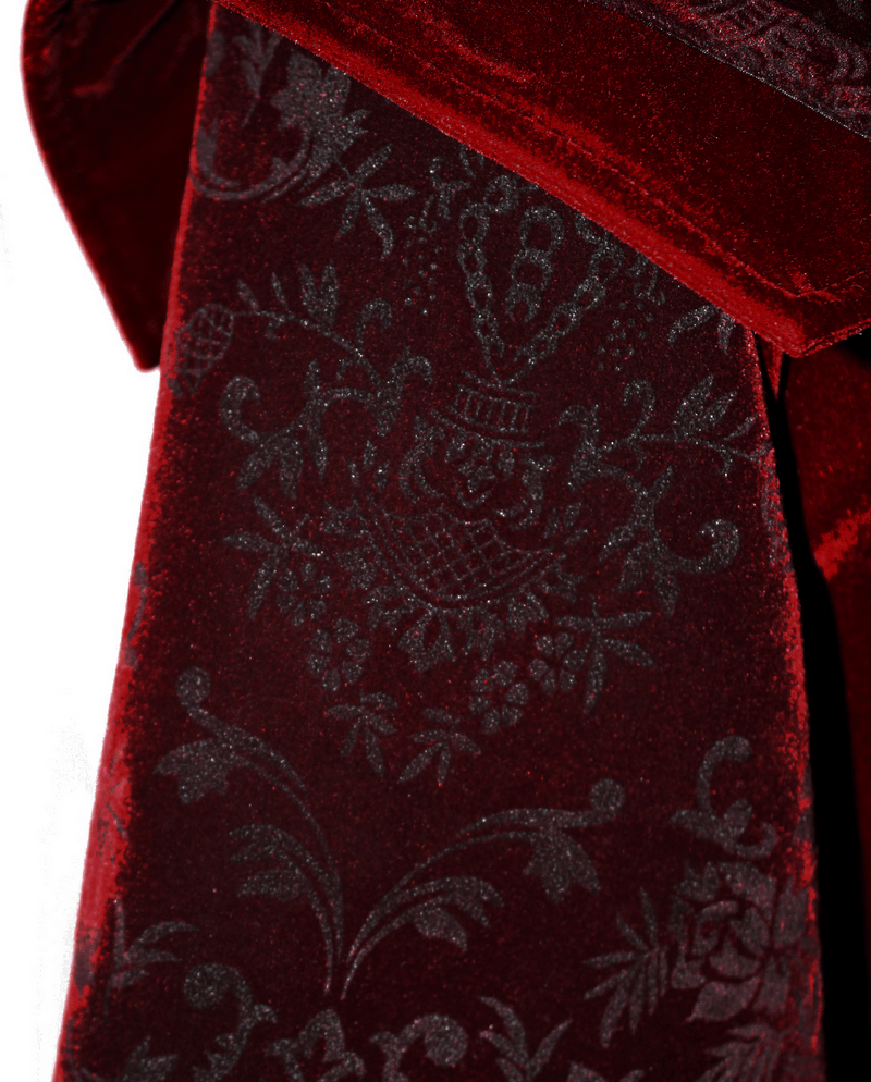 Close-up of vintage wine red velvet fabric with intricate floral patterns, perfect for gothic style coats.
